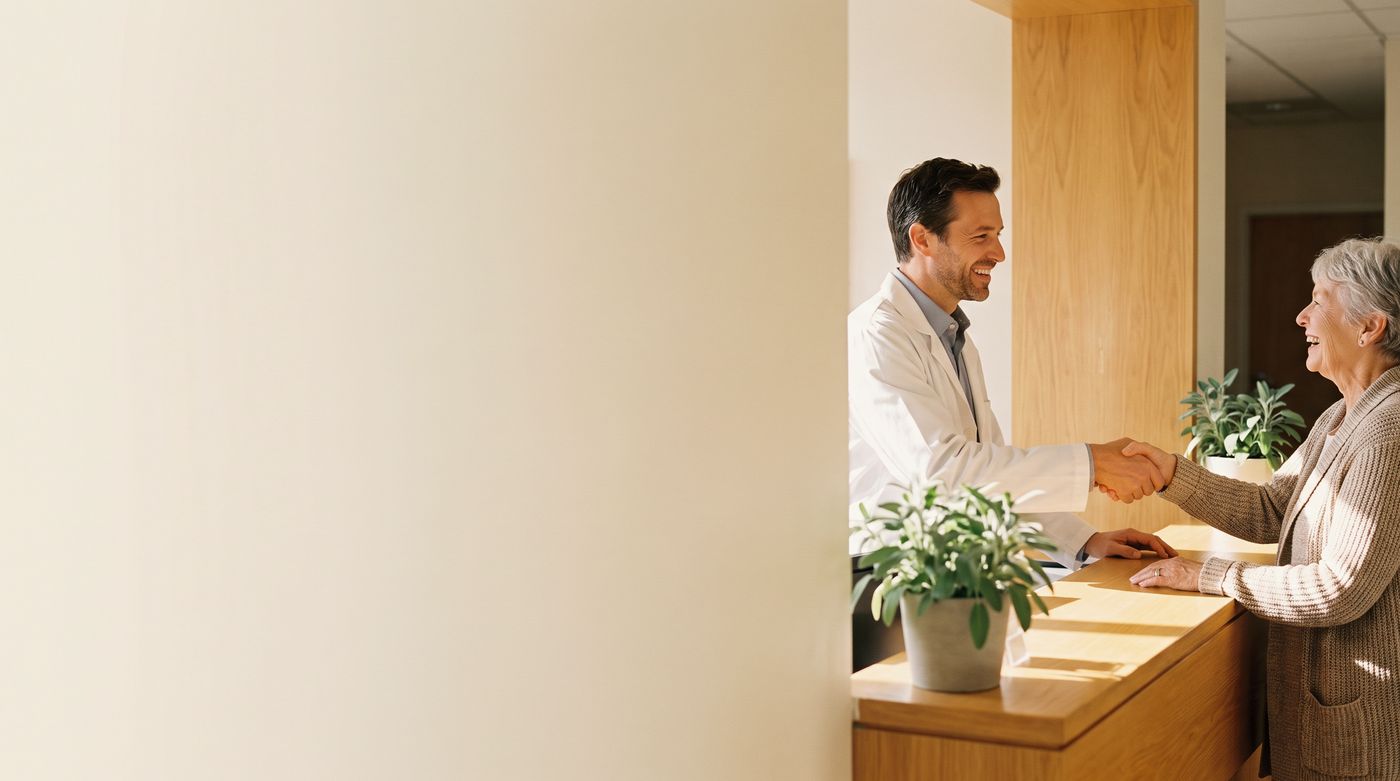 A smiling physician shaking hands with an older patient at a sunlit reception counter.