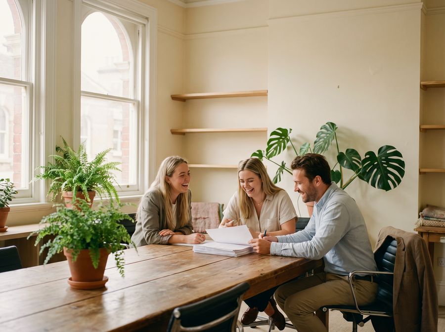 Three colleagues laughing over a printed report at a long table in a bright, plant-filled office.